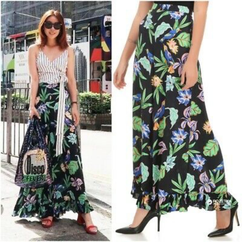 NWT Zara Wide Frill Trousers Tropical floral Print Pants | Black + green; size M
